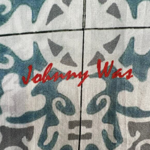 Johnny Was Silk Tassel Scarf Patchwork Mixed Print Square Wrap Blue Gray Green - Picture 3 of 12